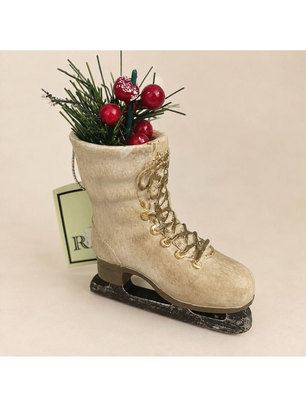 Ice Skate Christmas Tree Ornament 5" w/Evergreen Red Berries